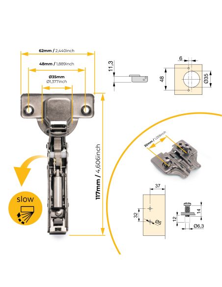 Emuca Lotto di 20 cerniere collo dritto X91 con chiusura soft e Basetta Euro, altezza 0, Acciaio, Titanio