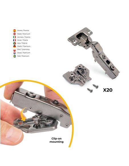 Emuca Lotto di 20 cerniere mezzo collo X91 con chiusura soft e Basetta Euro, altezza 0, Nichelato, Titanio