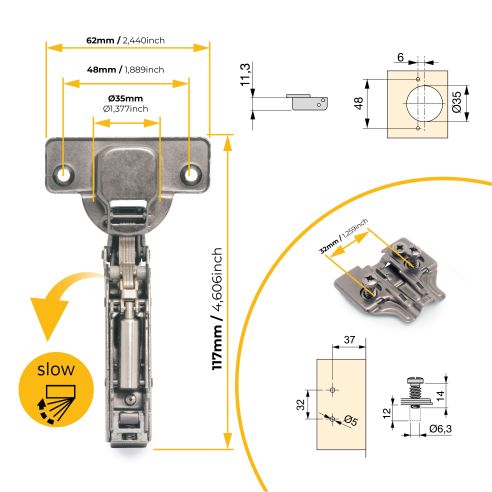 Emuca Lotto di 20 cerniere mezzo collo X91 con chiusura soft e Basetta Euro, altezza 0, Nichelato, Titanio
