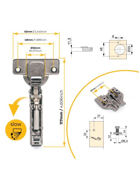 Emuca Lotto di 20 cerniere mezzo collo X91 con chiusura soft e Basetta Euro, altezza 0, Nichelato, Titanio