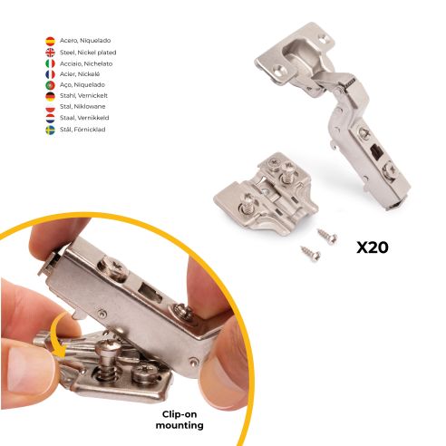 Emuca Lotto di 20 cerniere collo alto X91 con chiusure soft e Basetta Euro, altezza 0, Acciaio, Nichelato