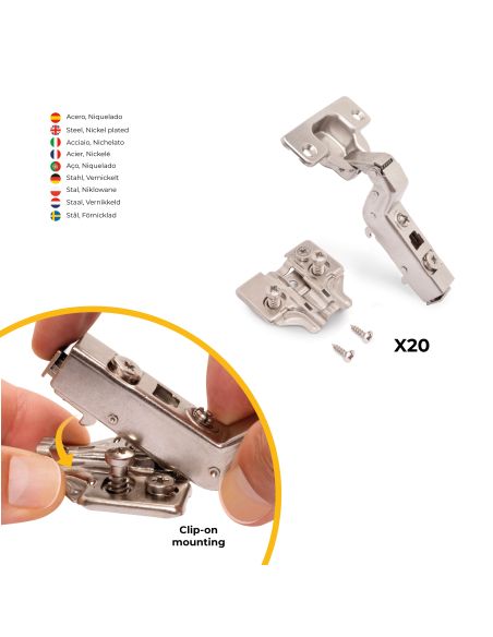 Emuca Lotto di 20 cerniere collo alto X91 con chiusure soft e Basetta Euro, altezza 0, Acciaio, Nichelato