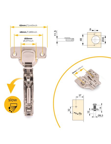 Emuca Lotto di 20 cerniere collo alto X91 con chiusure soft e Basetta Euro, altezza 0, Acciaio, Nichelato