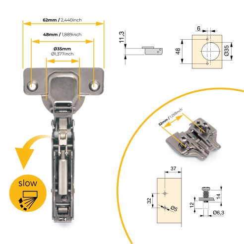 Emuca Lotto di 20 cerniere collo alto X91 con chiusura soft e Basetta Euro, altezza 0, Acciaio, Titanio