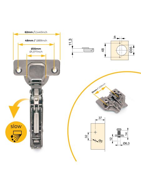 Emuca Lotto di 20 cerniere collo alto X91 con chiusura soft e Basetta Euro, altezza 0, Acciaio, Titanio