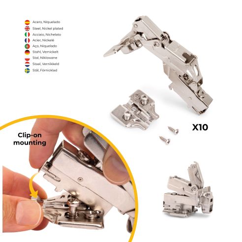 Emuca Lotto di 10 cerniere collo alto X91 165 gradi con chiusura soft soft e basetta euro, altezza 0, Acciaio, Nichelato