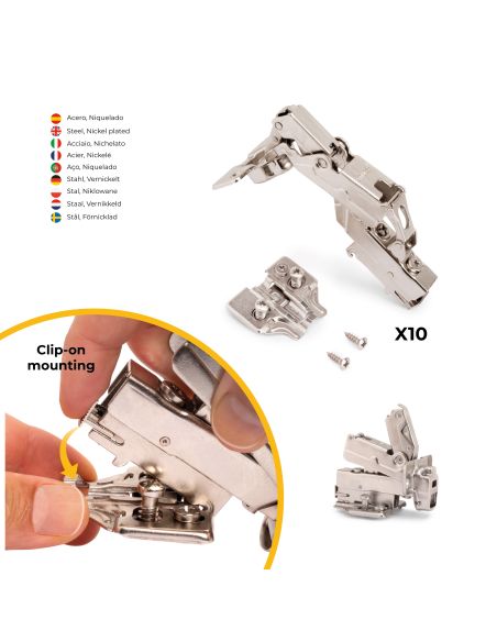 Emuca Lotto di 10 cerniere collo alto X91 165 gradi con chiusura soft soft e basetta euro, altezza 0, Acciaio, Nichelato