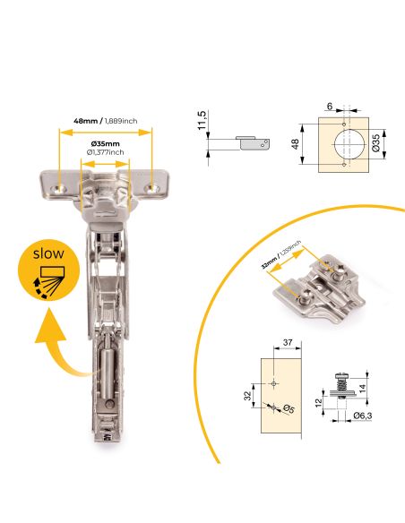Emuca Lotto di 10 cerniere collo alto X91 165 gradi con chiusura soft soft e basetta euro, altezza 0, Acciaio, Nichelato