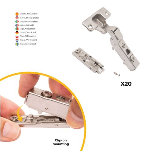 Emuca Lotto di 20 cerniere mezzo collo X91 con chiusura soft e Basetta a vite, altezza 1, Acciaio, Nichelato