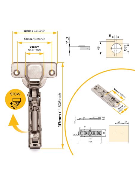 Emuca Lotto di 20 cerniere mezzo collo X91 con chiusura soft e Basetta a vite, altezza 1, Acciaio, Nichelato