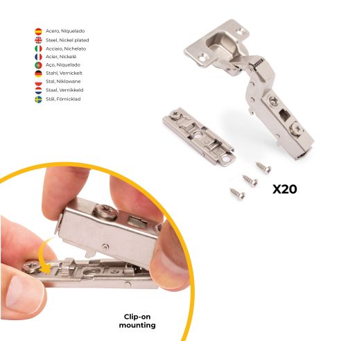 Emuca Lotto di 20 cerniere collo alto X91 con chiusura soft e Basetta a vite, altezza 1, Acciaio, Nichelato