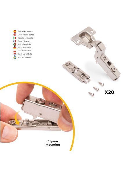 Emuca Lotto di 20 cerniere collo alto X91 con chiusura soft e Basetta a vite, altezza 1, Acciaio, Nichelato