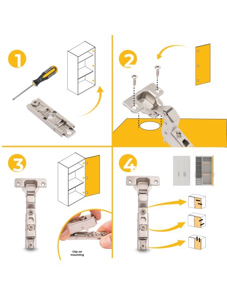 Emuca Lotto di 20 cerniere collo alto X91 con chiusura soft e Basetta a vite, altezza 1, Acciaio, Nichelato