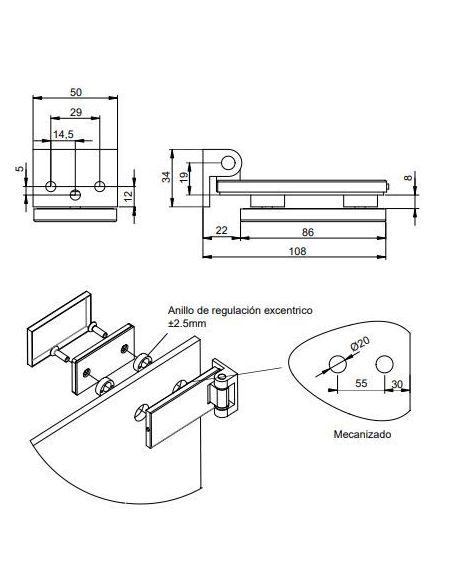 Emuca Cerniera per anta in vetro con finiture in acciaio inox, cerniera orizzontale con forcella da 34 mm, per anta da 8-12 mm