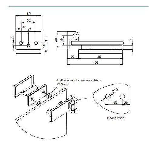 Emuca Cerniera per anta in vetro, cerniera orizzontale con forcella da 40 mm, per anta da 8-12 mm, verniciata nera