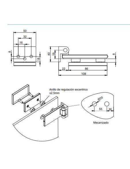 Emuca Cerniera per anta in vetro, cerniera orizzontale con forcella da 40 mm, per anta da 8-12 mm, verniciata nera