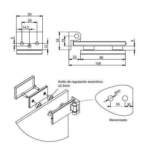 Emuca Cerniera per anta in vetro, cerniera orizzontale con forcella da 40 mm, per anta da 8-12 mm, anodizzata opaca