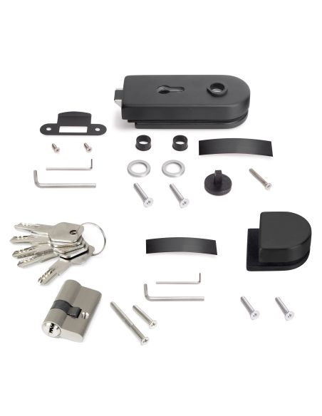 Emuca  Kit serratura e riscontro per porte a doppio vetro, scrocco orizzontale per porta in vetro 8-12mm, verniciata nera