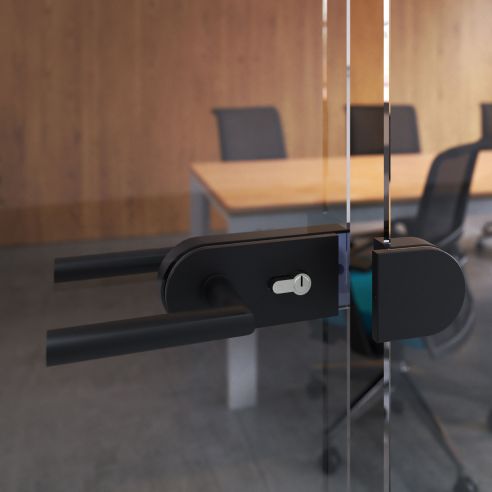 Emuca  Kit serratura e riscontro per porte a doppio vetro, scrocco orizzontale per porta in vetro 8-12mm, verniciata nera