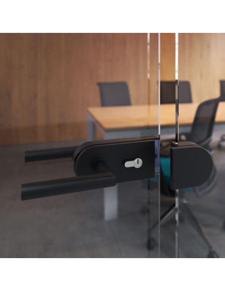 Emuca  Kit serratura e riscontro per porte a doppio vetro, scrocco orizzontale per porta in vetro 8-12mm, verniciata nera
