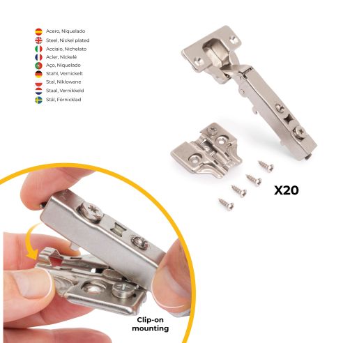 Emuca Lotto di 20 cerniere collo dritto X92 con chiusura soft e basette a vite, altezza 0, Acciaio, Nichelato