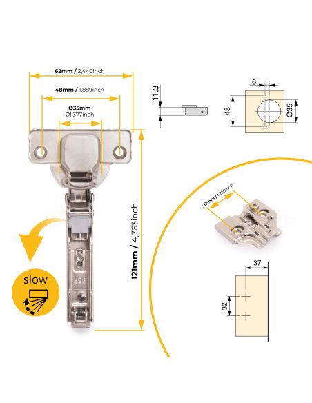 Emuca Lotto di 20 cerniere collo dritto X92 con chiusura soft e basette a vite, altezza 0, Acciaio, Nichelato