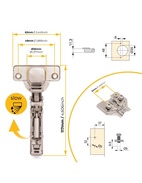Emuca Lotto di 20 cerniere collo dritto X91 con chiusura soft e basetta montaggio misto, Diametro 5x9,5 mm, Altezza 0, Acciaio
