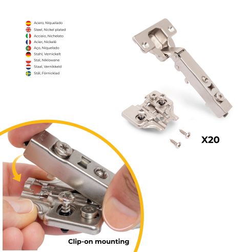 Emuca Lotto di 20 cerniere collo dritto X92 con chiusura soft e basette montaggio misto, diametro 5x9,5 mm, altezza 0, Acciaio