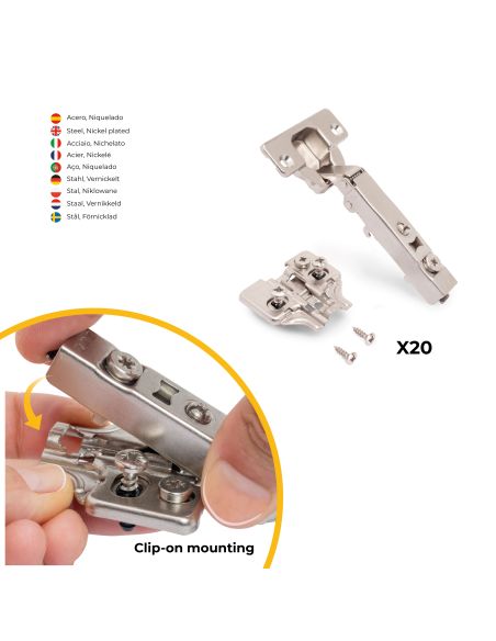 Emuca Lotto di 20 cerniere collo dritto X92 con chiusura soft e basette montaggio misto, diametro 5x9,5 mm, altezza 0, Acciaio