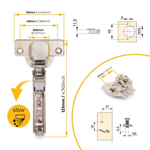Emuca Lotto di 20 cerniere collo dritto X92 con chiusura soft e basette montaggio misto, diametro 5x9,5 mm, altezza 0, Acciaio