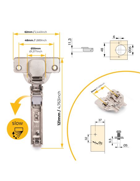Emuca Lotto di 20 cerniere collo dritto X92 con chiusura soft e basette montaggio misto, diametro 5x9,5 mm, altezza 0, Acciaio