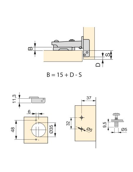 Emuca Lotto di 20 cerniere collo dritto X92 con chiusura soft e basette montaggio misto, diametro 5x9,5 mm, altezza 0, Acciaio