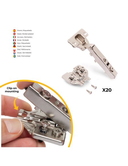 Emuca Lotto di 20 cerniere collo dritto X92N e basette di montaggio misto, diametro 5x9,5 mm, altezza 0, Acciaio, Nichelato