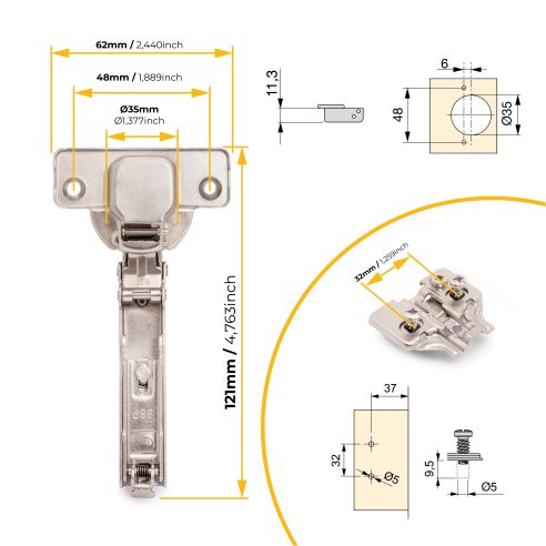 Emuca Lotto di 20 cerniere collo dritto X92N e basette di montaggio misto, diametro 5x9,5 mm, altezza 0, Acciaio, Nichelato