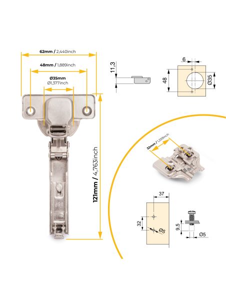Emuca Lotto di 20 cerniere collo dritto X92N e basette di montaggio misto, diametro 5x9,5 mm, altezza 0, Acciaio, Nichelato