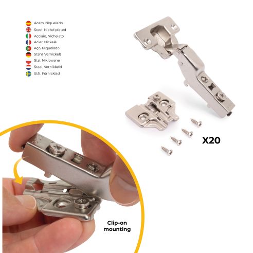 Emuca Lotto di 20 cerniere mezzo collo X92 con chiusura soft e basette a vite, altezza 0, Acciaio, Nichelato