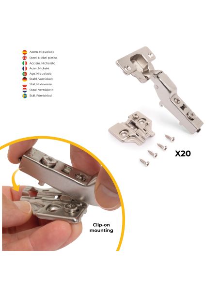 Emuca Lotto di 20 cerniere mezzo collo X92 con chiusura soft e basette a vite, altezza 0, Acciaio, Nichelato
