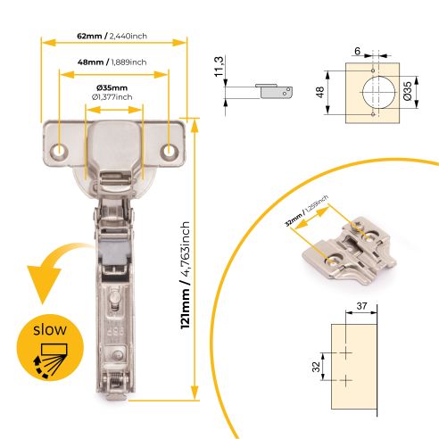 Emuca Lotto di 20 cerniere mezzo collo X92 con chiusura soft e basette a vite, altezza 0, Acciaio, Nichelato