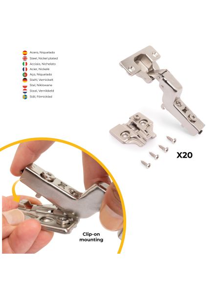 Emuca Lotto di 20 cerniere collo alto X92 con chiusura soft e basette a vite, altezza 0, Acciaio, Nichelato