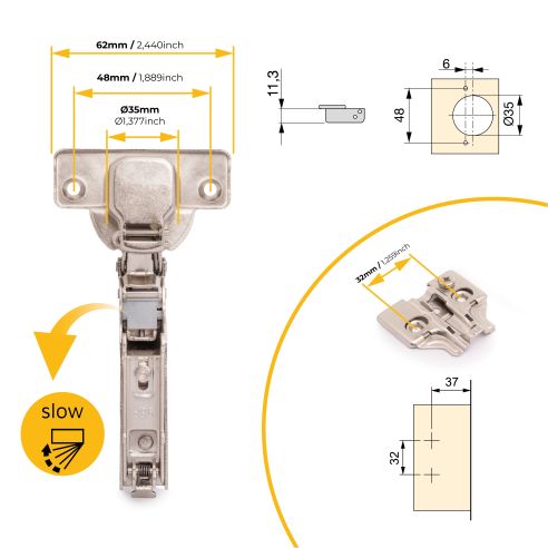 Emuca Lotto di 20 cerniere collo alto X92 con chiusura soft e basette a vite, altezza 0, Acciaio, Nichelato