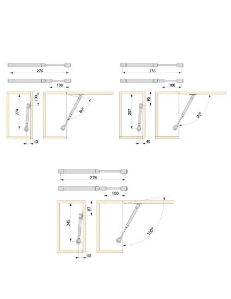Emuca Pistone a gas per ante a ribalta verso l'alto, forza 11 kg, corsa 100 mm, Grigio metallizzato, 10 u.