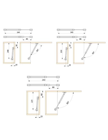 Emuca Lotto di 10 braccetti per porte elevabili H, 5 kg, corsa 80 mm, con agganci, Acciaio e Tecnoplastica, Grigia metallizzata