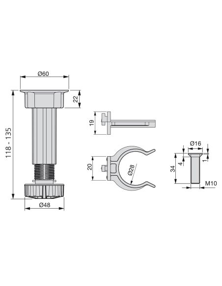 Emuca Piedino regolabile con base pre-assemblata per mobile, 118-135 mm, Plastica, Nero, 40 u.