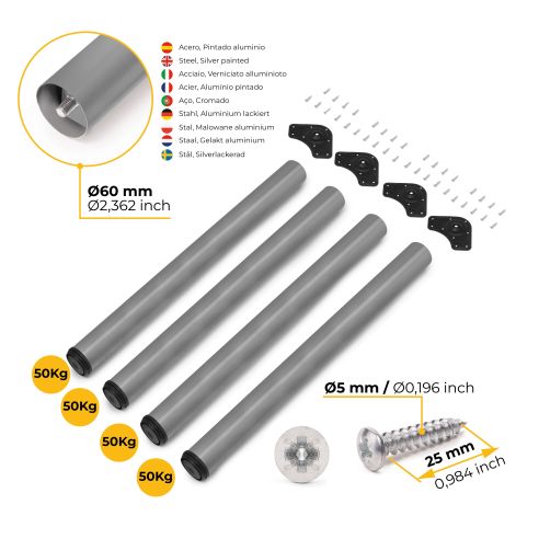 Emuca Lotto di 4 gambe per tavolo, diametro 60mm, H 830mm, Acciaio, Verniciato alluminio