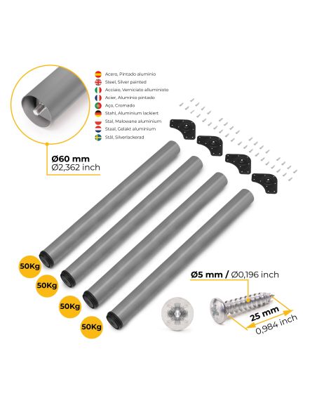 Emuca Lotto di 4 gambe per tavolo, diametro 60mm, H 830mm, Acciaio, Verniciato alluminio