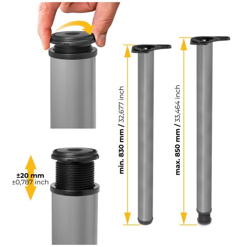 Emuca Lotto di 4 gambe per tavolo, diametro 60mm, H 830mm, Acciaio, Verniciato alluminio