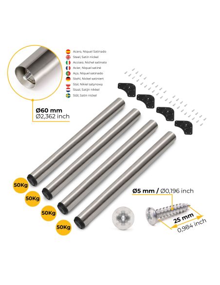 Emuca Lotto di 4 gambe per tavolo, diametro 60mm, H 830mm, Acciaio, Nichel satinado