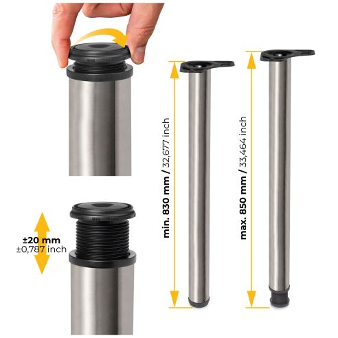 Emuca Lotto di 4 gambe per tavolo, diametro 60mm, H 830mm, Acciaio, Nichel satinado