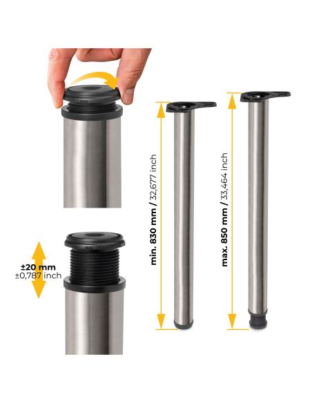 Emuca Lotto di 4 gambe per tavolo, diametro 60mm, H 830mm, Acciaio, Nichel satinado