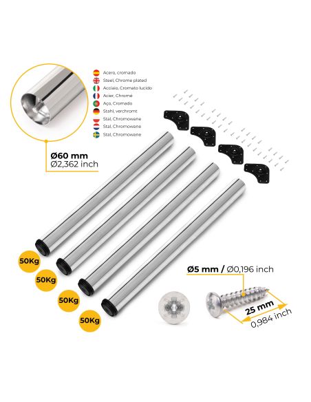 Emuca Lotto di 4 gambe per tavolo, diametro 60mm, H 710mm, Acciaio, Cromato lucido